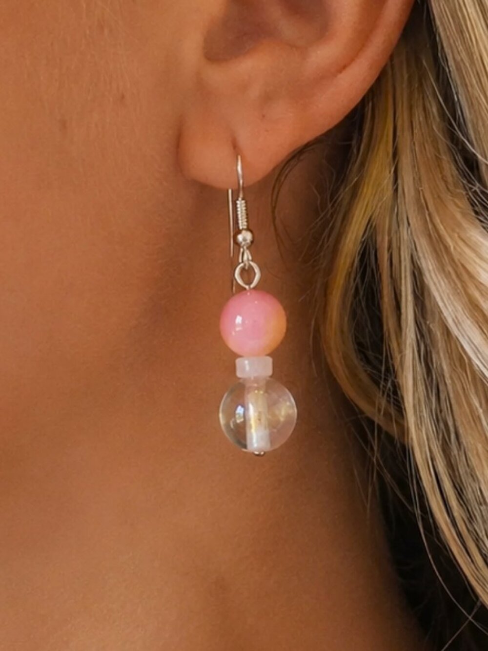 Pink Persian Jade & Rose Quartz Drop Earrings, Iridescent Glass, Sterling Silver